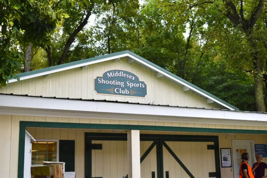 Middlesex Shooting Sports Club sign on the clubhouse gable